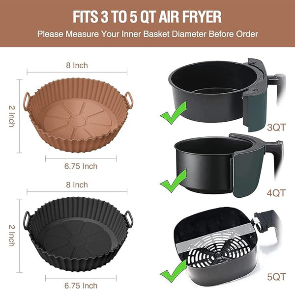 2 Pack Air Fryer Silicone Liners Pot for 3 to 5 QT, Air Fryer Silicone Basket Bowl, Replacement of Flammable Parchment Paper, Reusable Baking Tray Oven Accessories, Brown+Blk, (Top 8in, Bottom 6.75in)